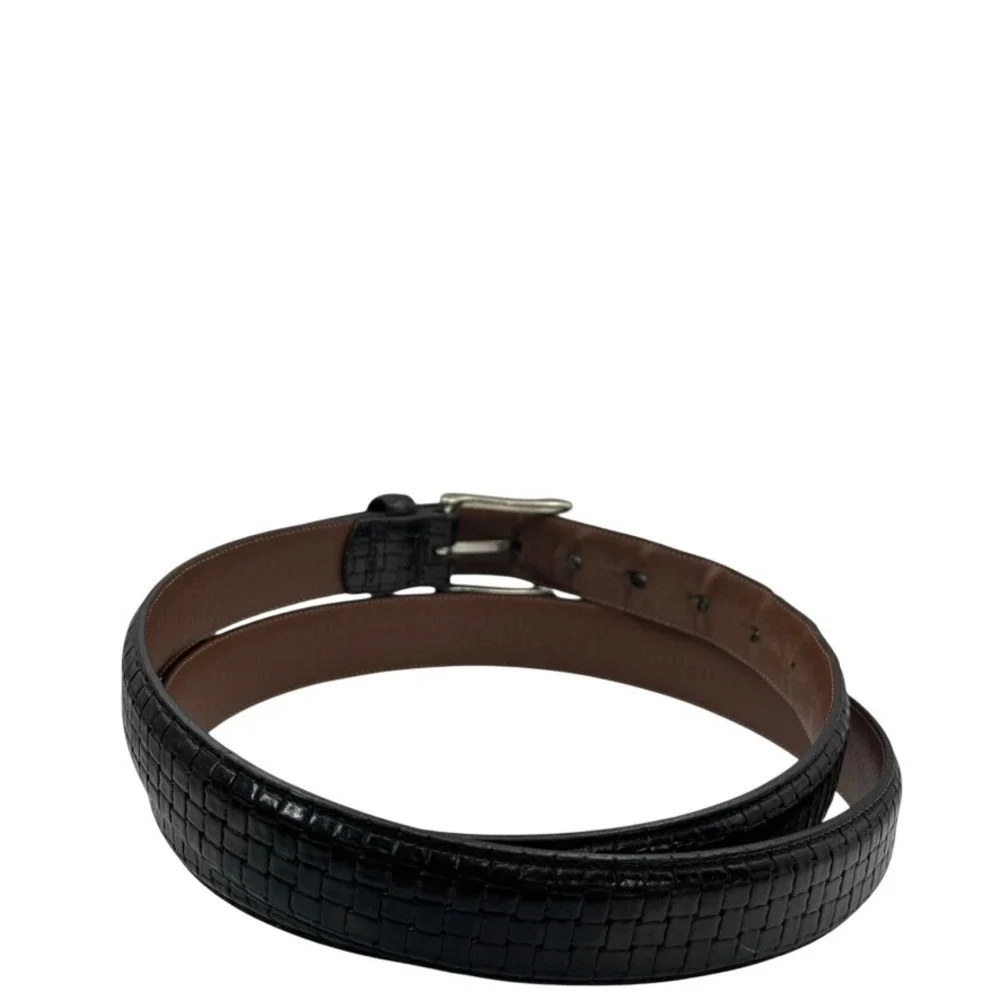 Mens Black Embossed Italian Full Grain Leather Dress Belt Size 44 Silver Buckle
